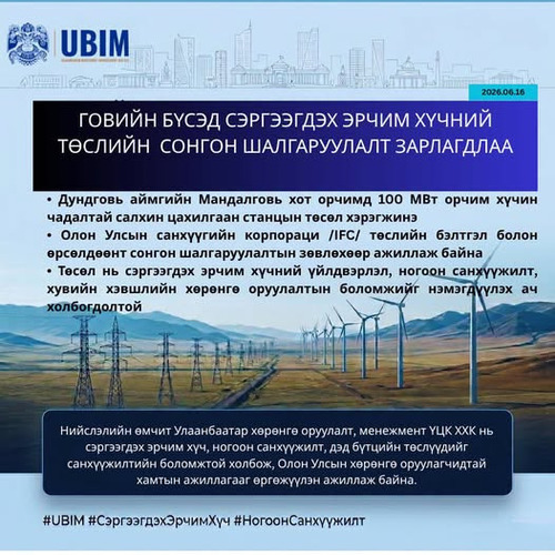 ГОВИЙН БҮСЭД СЭРГЭЭГДЭХ ЭРЧИМ ХҮЧНИЙ ТӨСЛИЙН СОНГОН ШАЛГАРУУЛАЛТ ЗАРЛАГДЛАА.